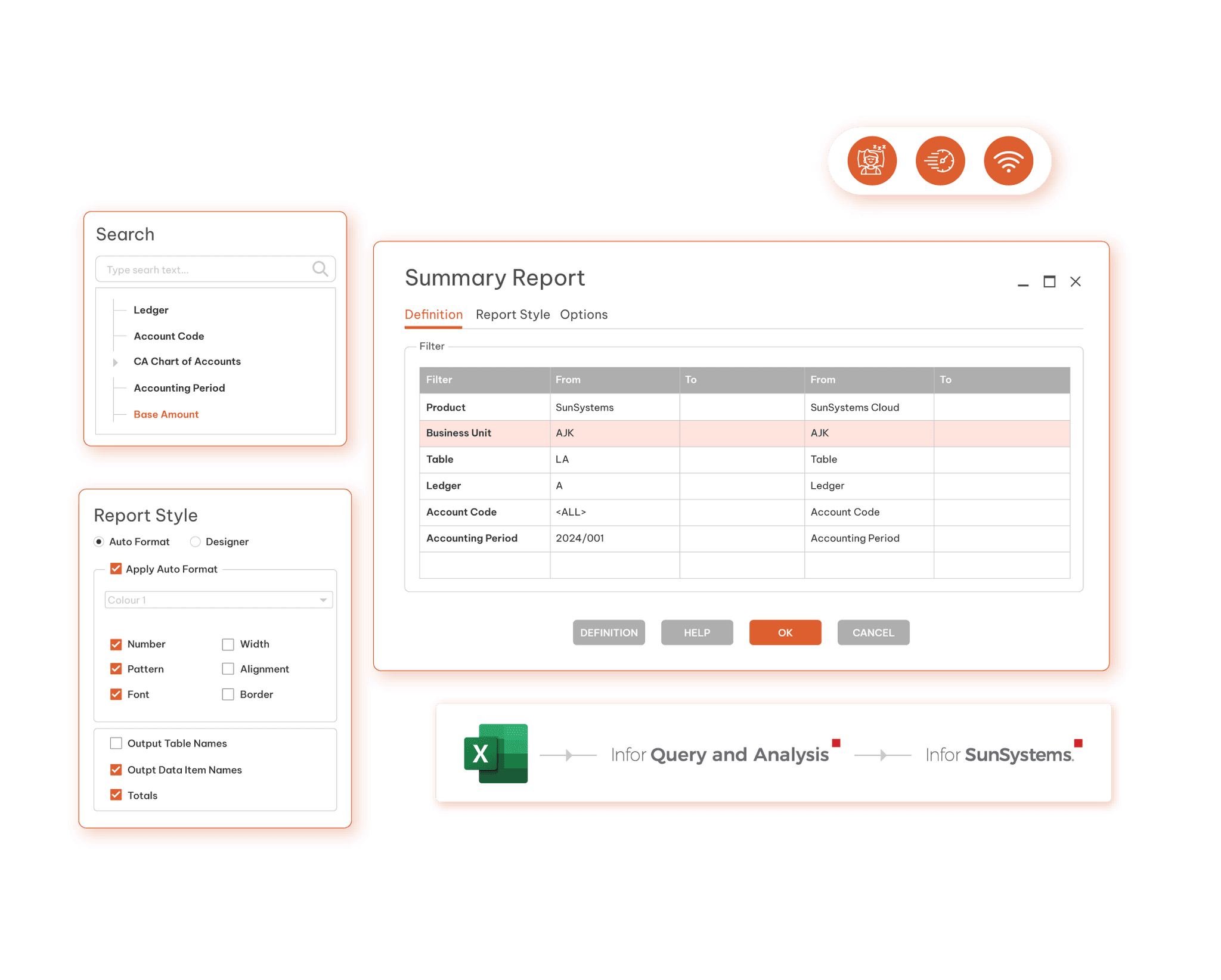 Infor Q&A report builder: a Summary Report definition filtering SunSystems data by business unit, ledger, account code and period, with Search and Report Style panels, and a flow from Microsoft Excel through Infor Query and Analysis to Infor SunSystems