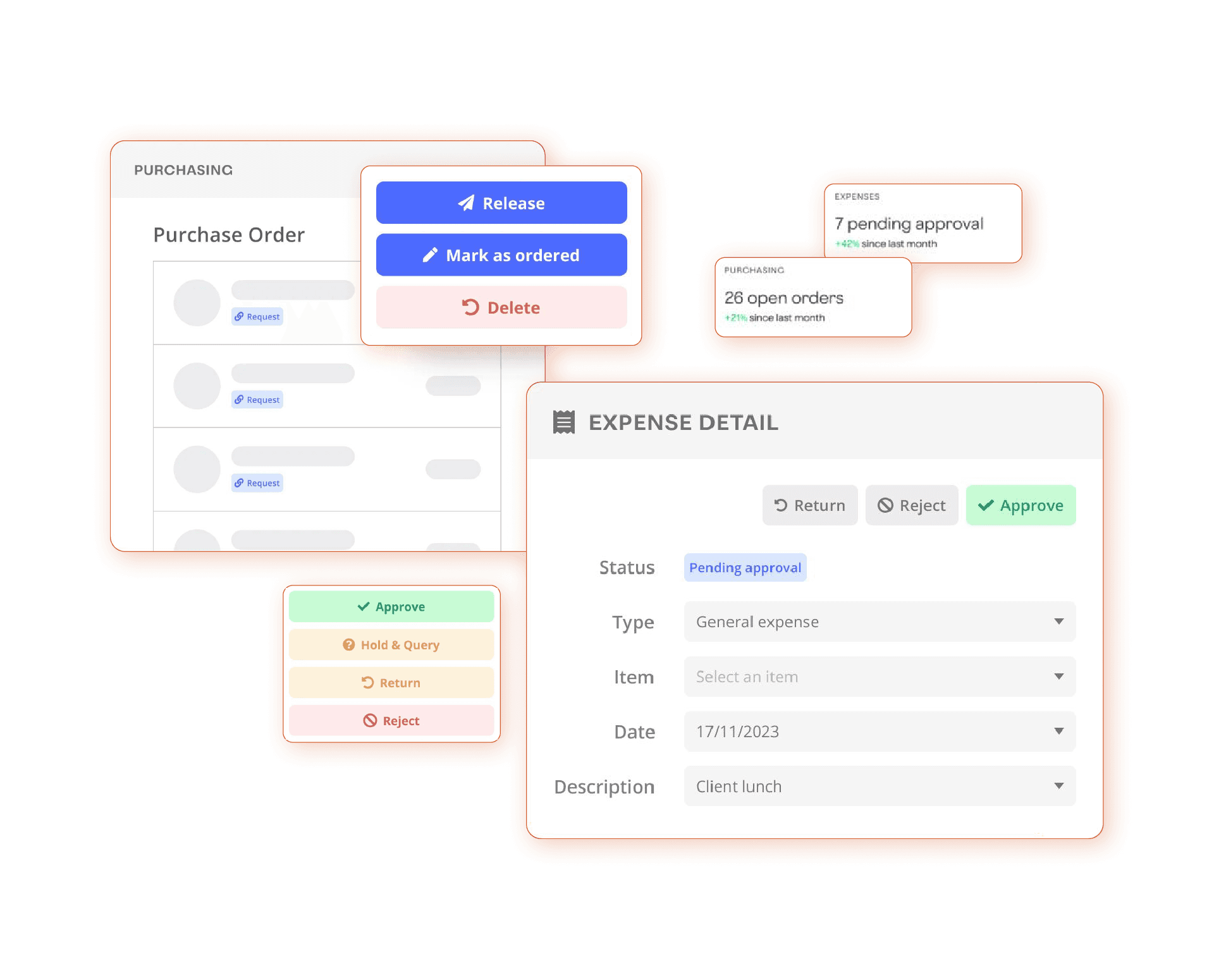 Sysynkt screens floating together: a purchase order list with release and delete actions, a pending-approval card, an expense detail form and an approval panel