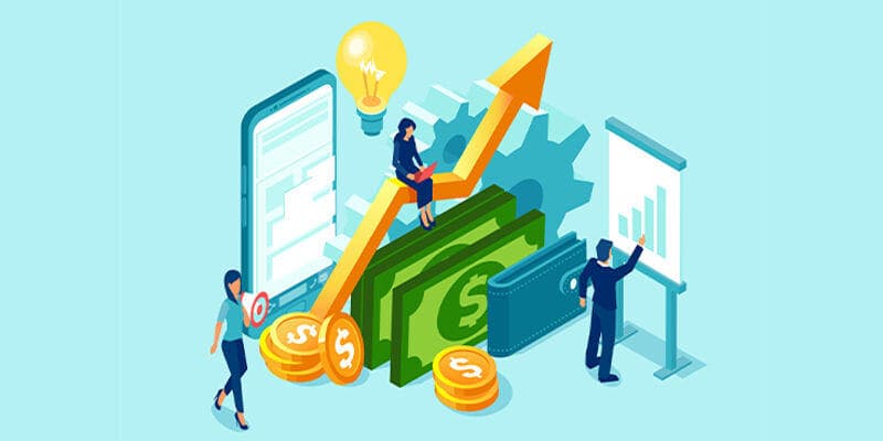 Minh hoạ tăng trưởng tài chính doanh nghiệp: mũi tên đi lên, tiền, biểu đồ hiệu suất và đội ngũ nhân sự