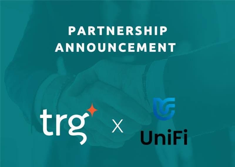 Partnership announcement lockup: the TRG logo beside the UniFi logo on teal