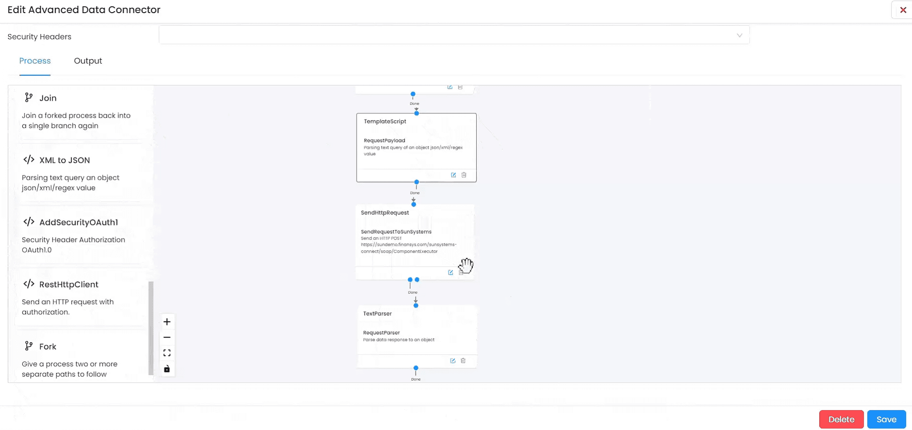 UniFi Edit Advanced Data Connector screen: a Process tab listing Join, XML to JSON, AddSecurityOAuth, RestHttpClient and Fork steps wired together in a flow