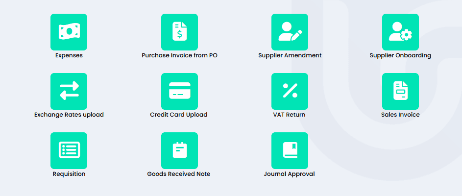 Grid of UniFi Foundation Apps: Expenses, Purchase Invoice from PO, Supplier Amendment, Supplier Onboarding, Exchange Rates upload, Credit Card Upload, VAT Return, Sales Invoice, Requisition, Goods Received Note and Journal Approval