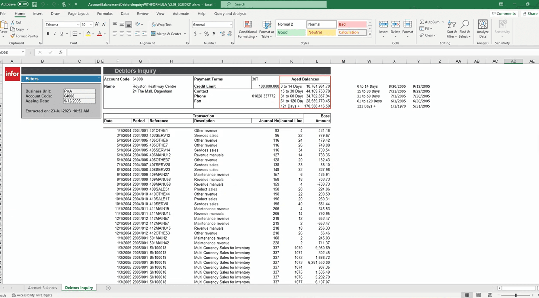 Microsoft Excel workbook running an Infor Q&A Debtors Inquiry: the customer account, payment terms and aged balances at the top, and every transaction for the account listed by date, period, reference and amount below