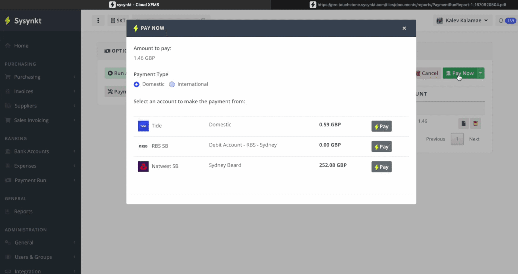 Sysynkt Pay Now dialogue over the Payment Run screen: an amount to pay, a domestic or international payment type, and three bank accounts each with its own Pay button