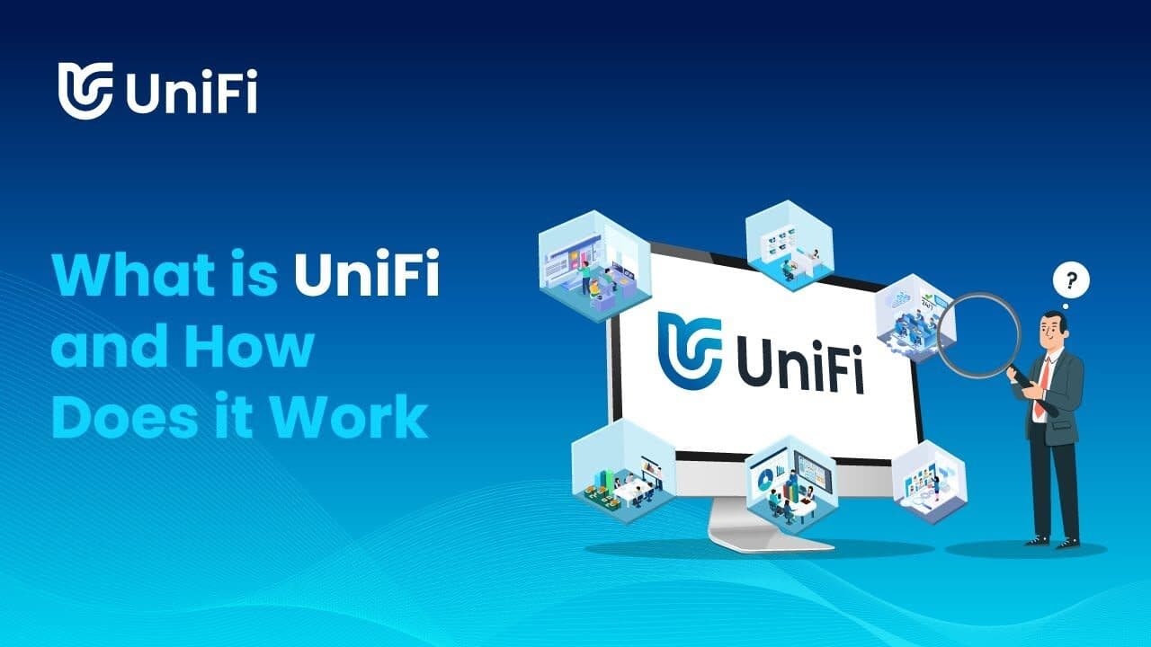 UniFi Platform video titled What is UniFi and How Does it Work, showing the UniFi logo on a monitor surrounded by process icons