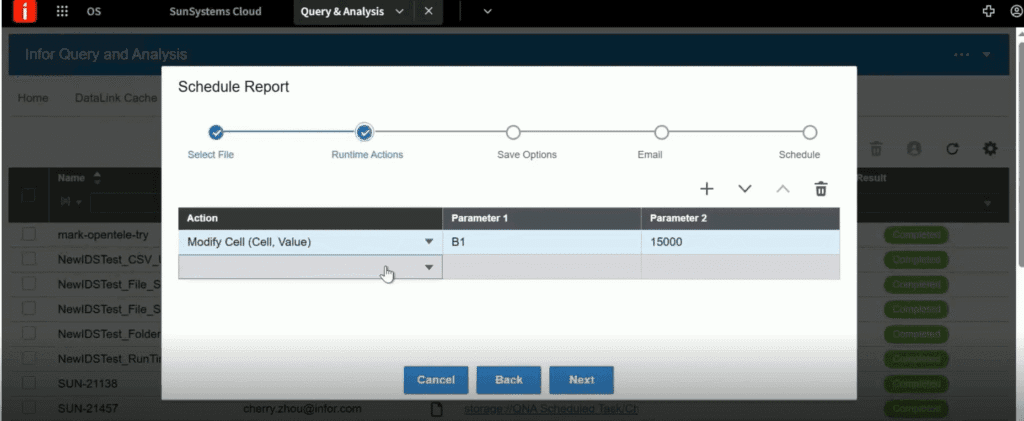 Infor Q&A's scheduled reports and parameters